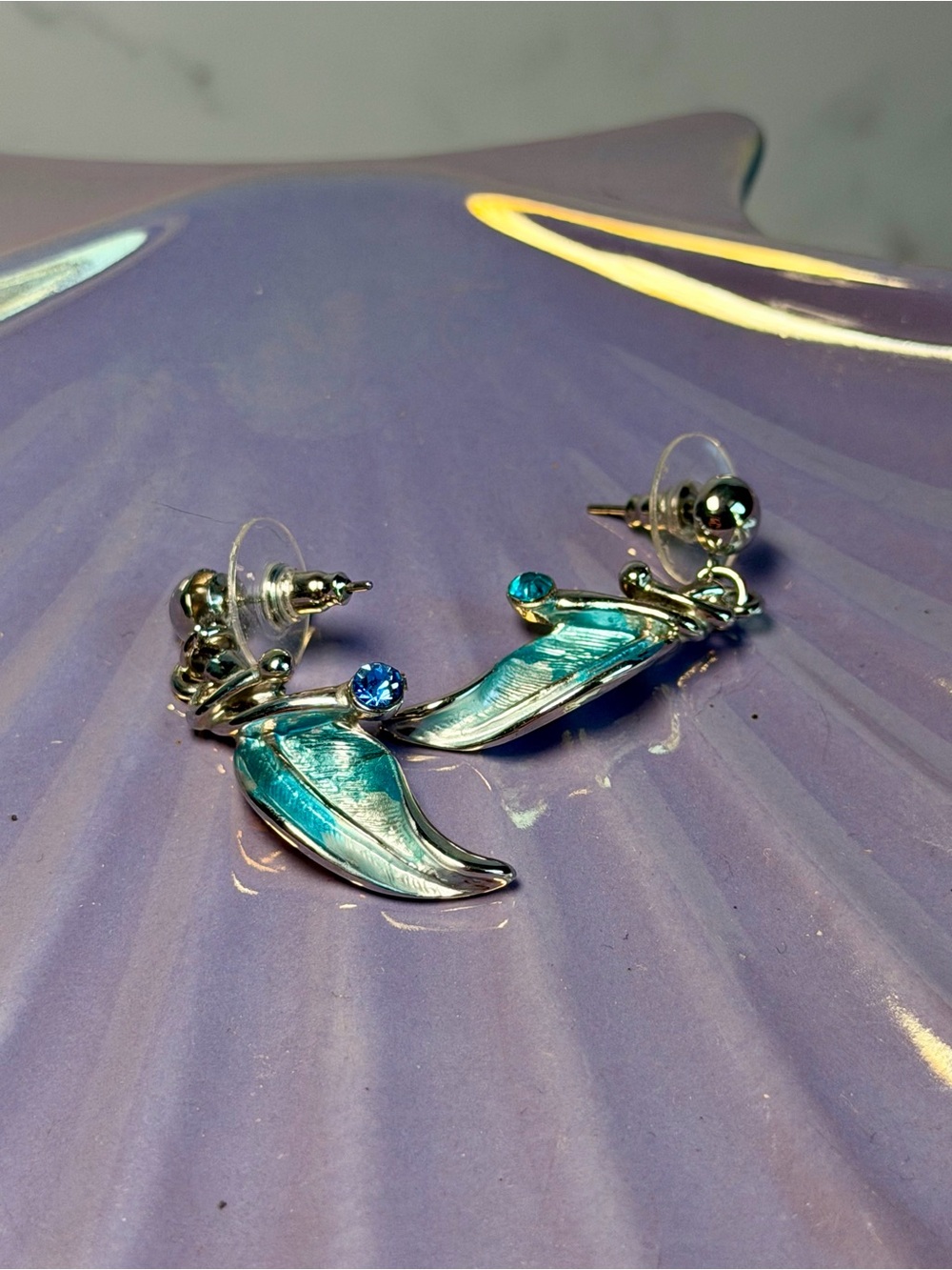 Teal Enamel Fairy Wing Dangle Earrings Blue Crystal Silver Tone Fantasy
